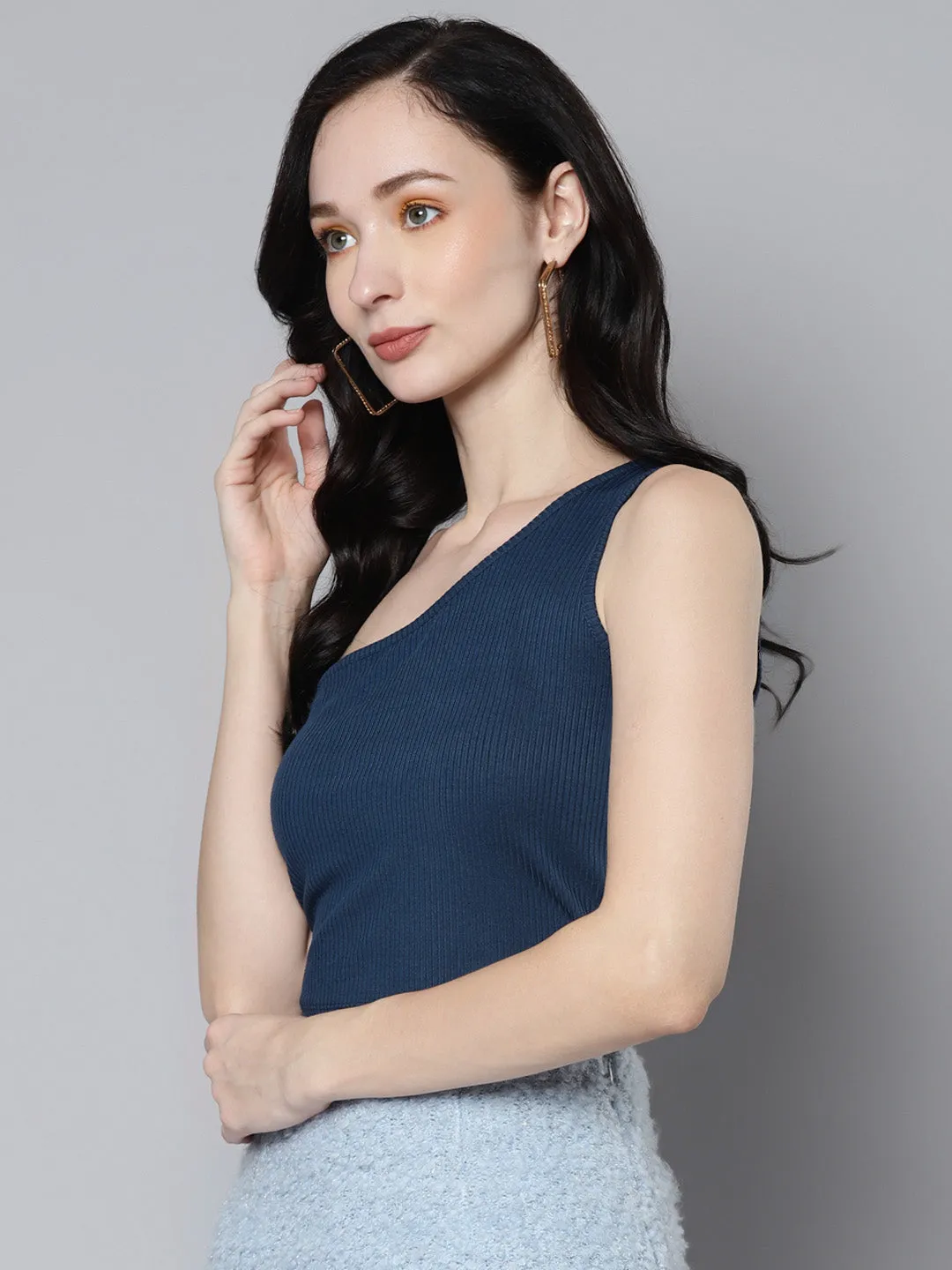 Women Blue Rib One Shoulder Crop Top