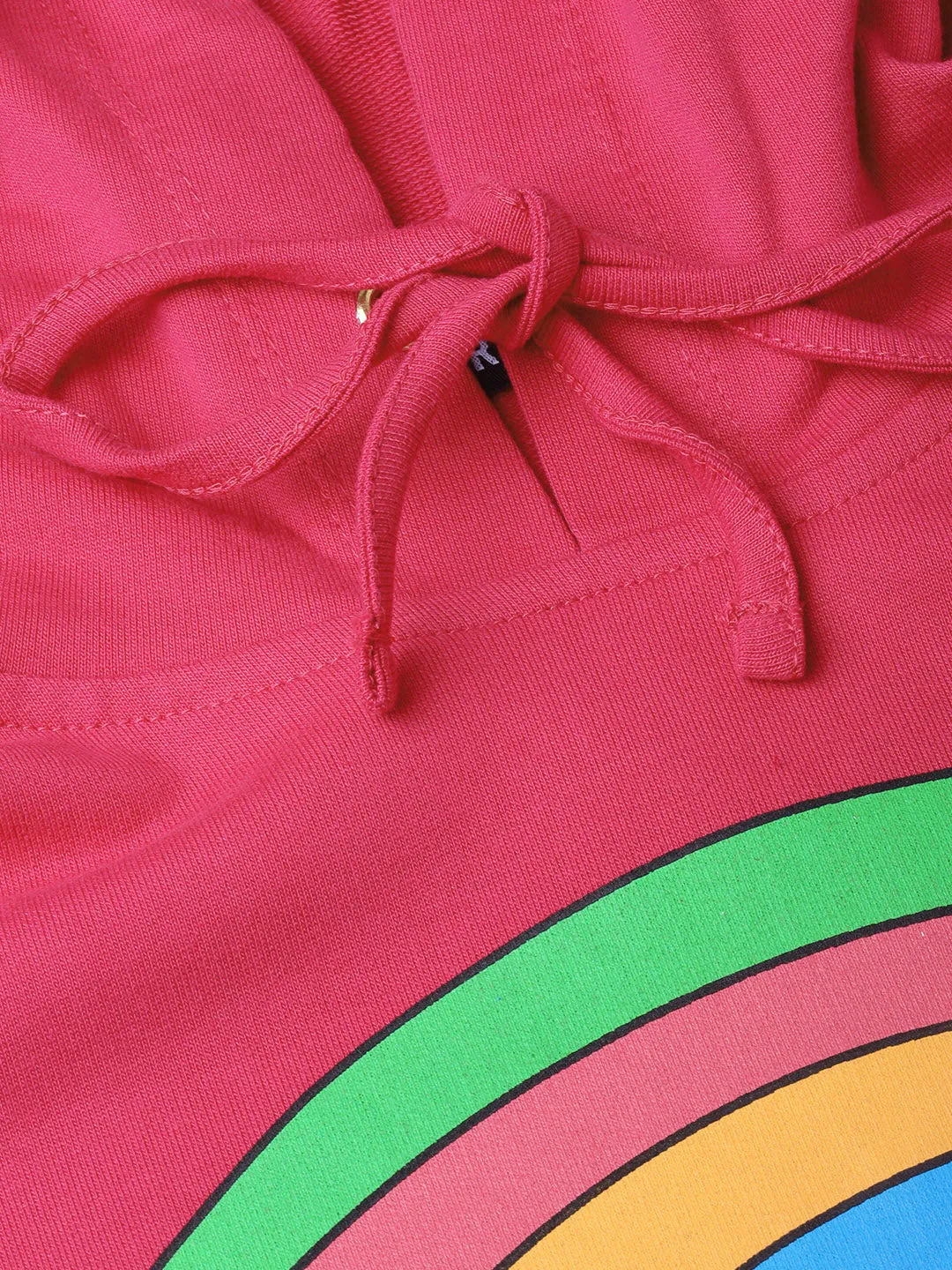 Women Fuchsia Rainbow Print Crop Hoodie