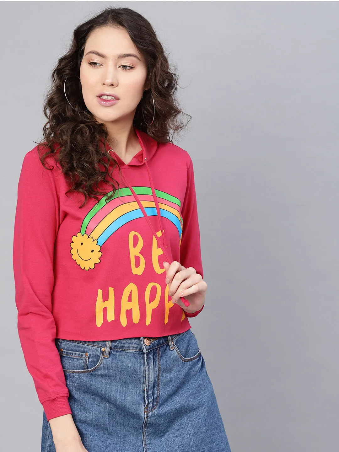 Women Fuchsia Rainbow Print Crop Hoodie