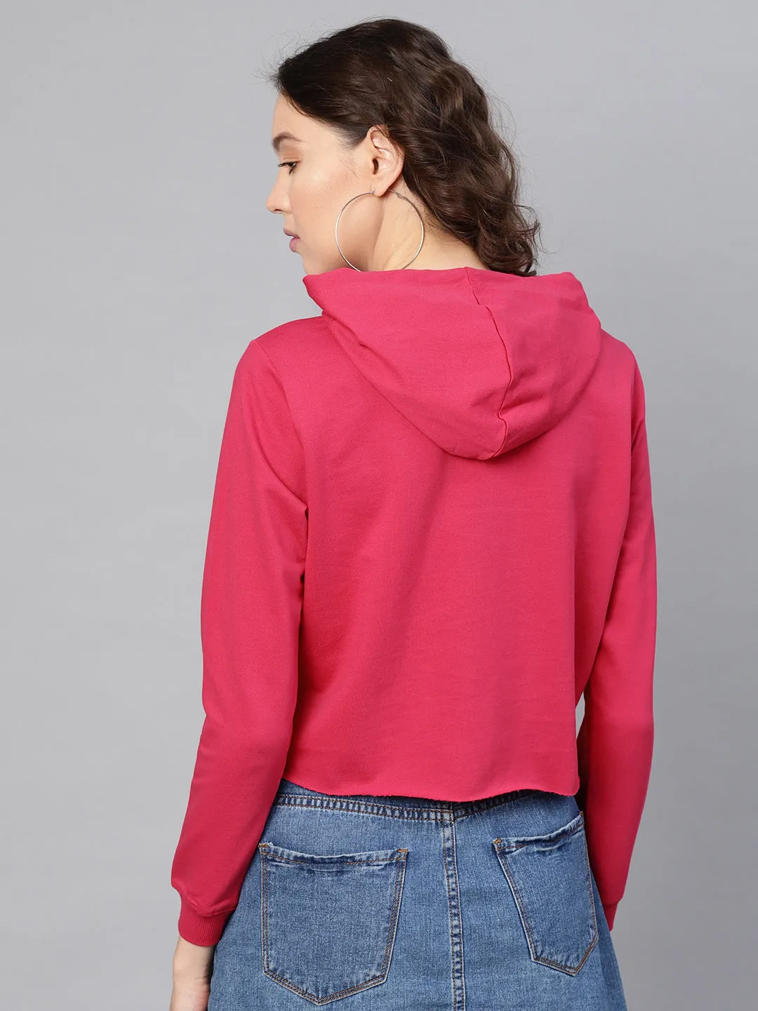 Women Fuchsia Rainbow Print Crop Hoodie