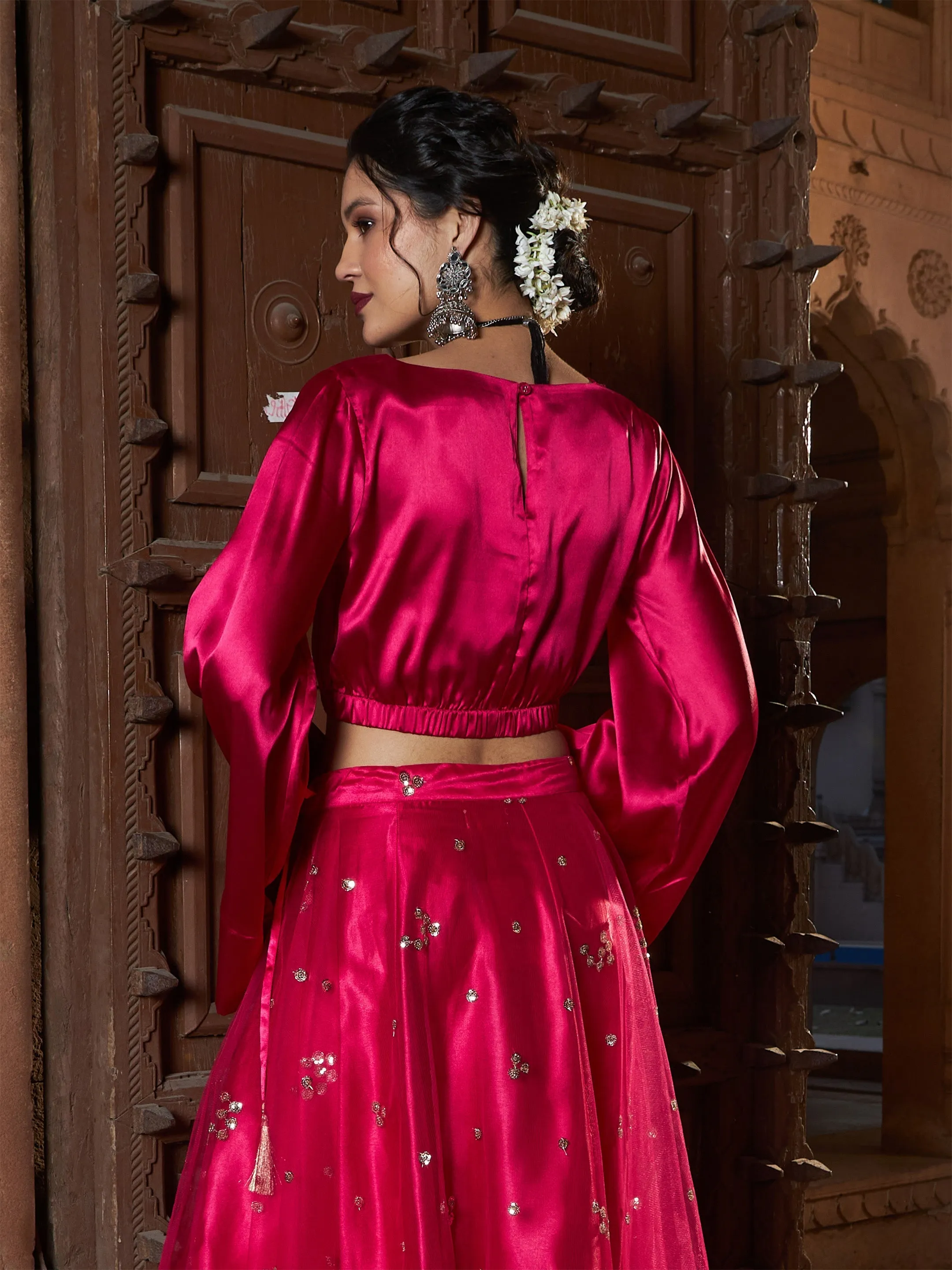 Women Fuchsia Satin Flared Sleeves Crop Top