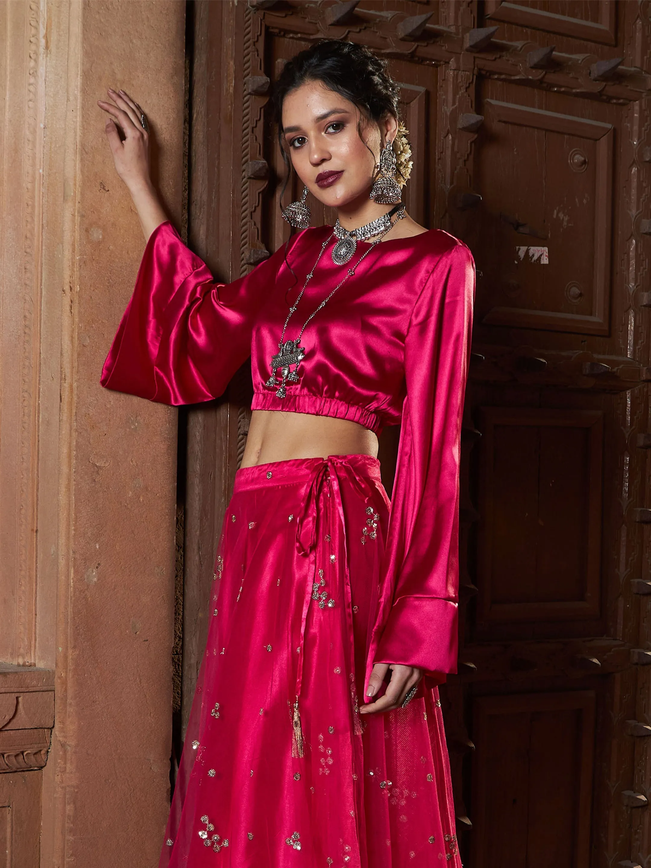 Women Fuchsia Satin Flared Sleeves Crop Top