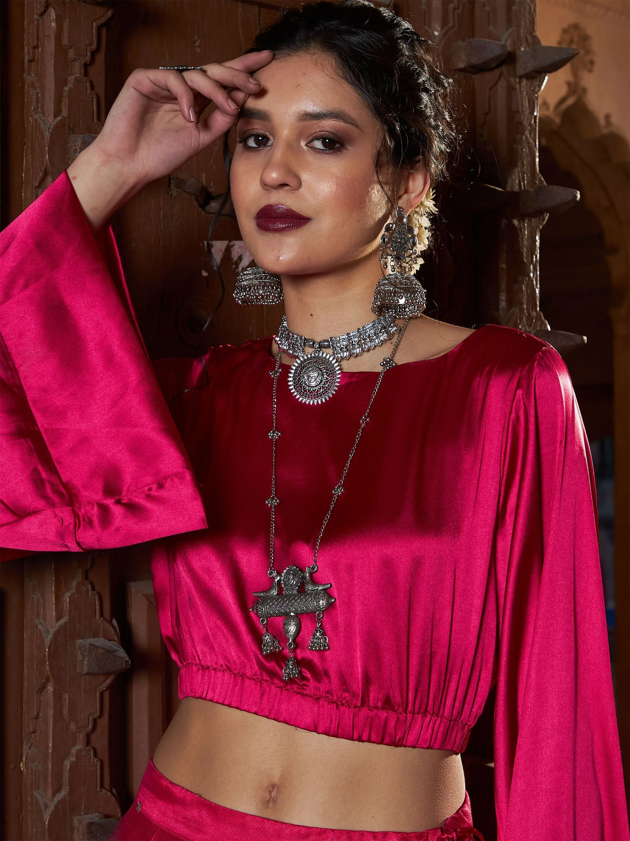 Women Fuchsia Satin Flared Sleeves Crop Top