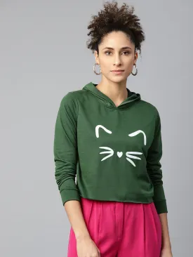 Women Green Kitty Face Crop Hoodie Sweatshirt