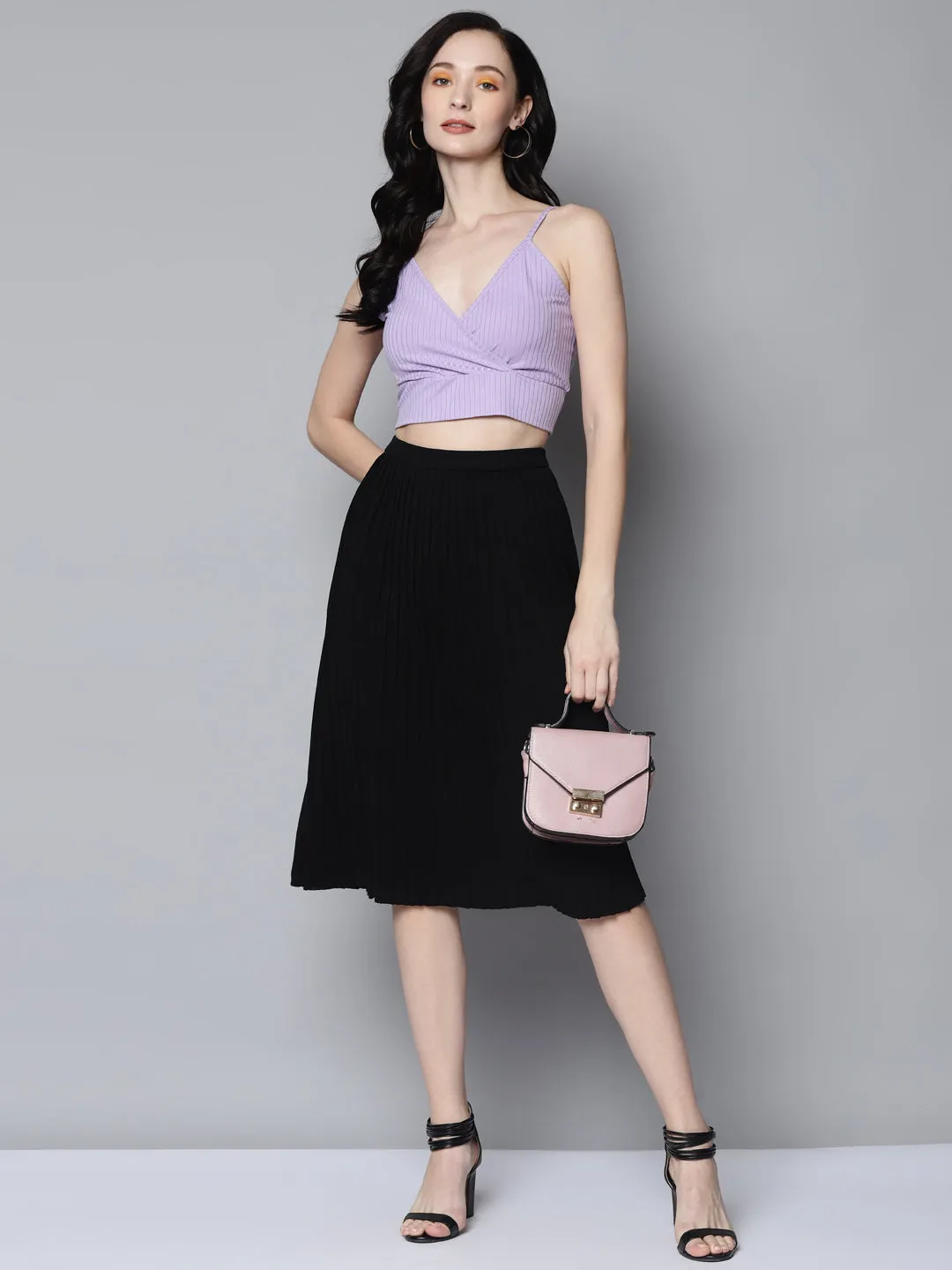 Women Lavender Rib Wrap Neck Crop Top