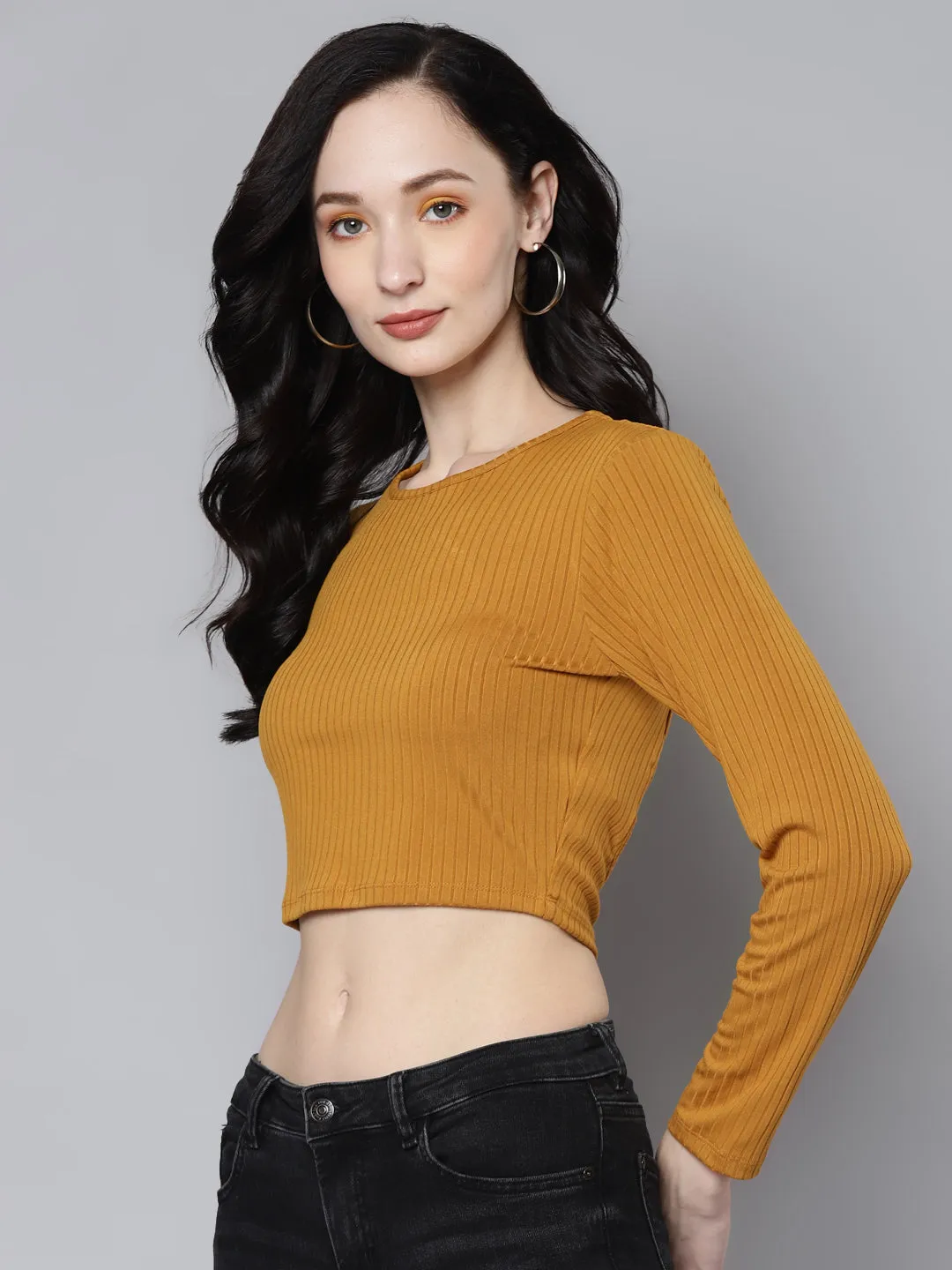 Women Mustrad Rib Back Cut Out Crop Top