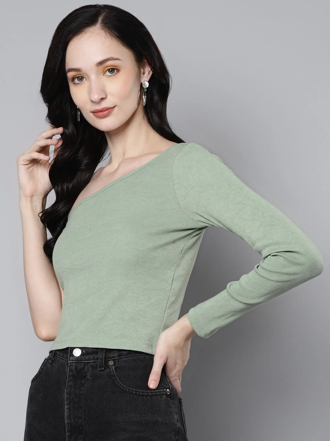 Women Olive Rib One Shoulder Crop Top