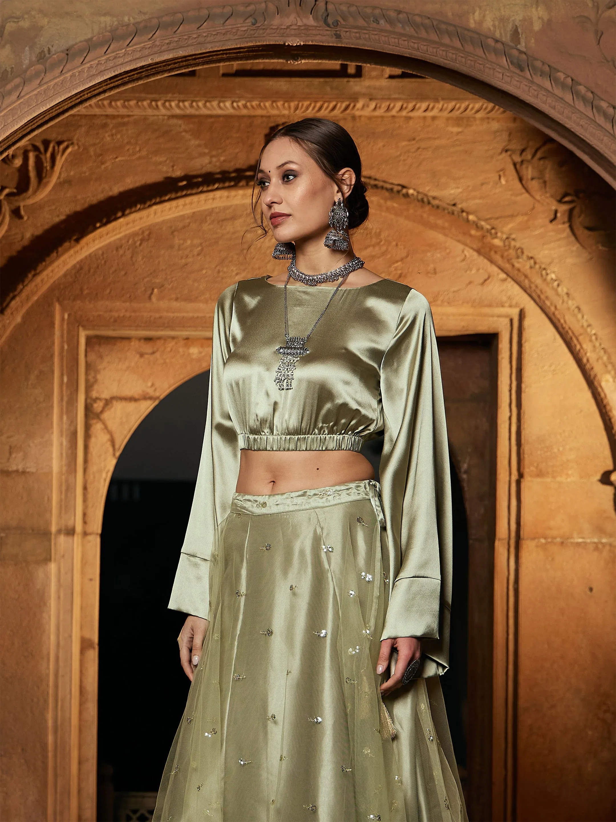 Women Olive Satin Flared Sleeves Crop Top