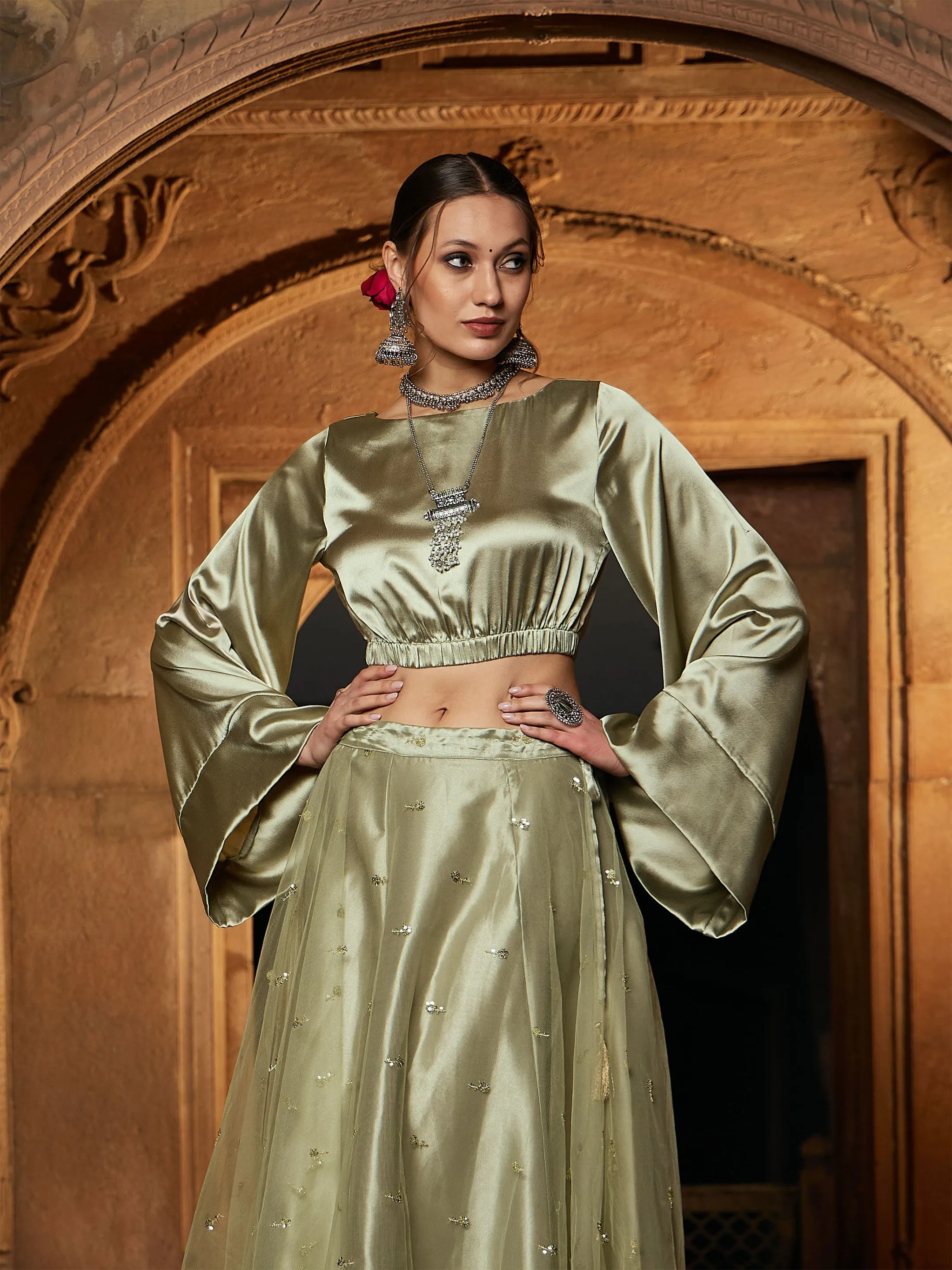 Women Olive Satin Flared Sleeves Crop Top