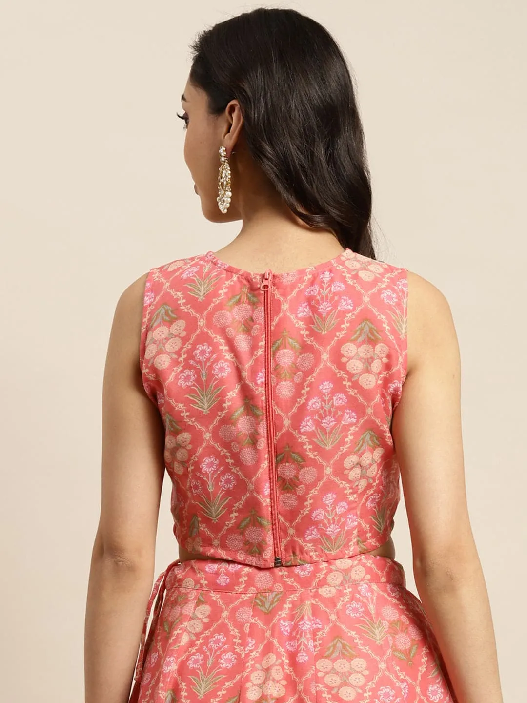 Women Peach Chanderi Mughal Floral Sleeveless Crop Top