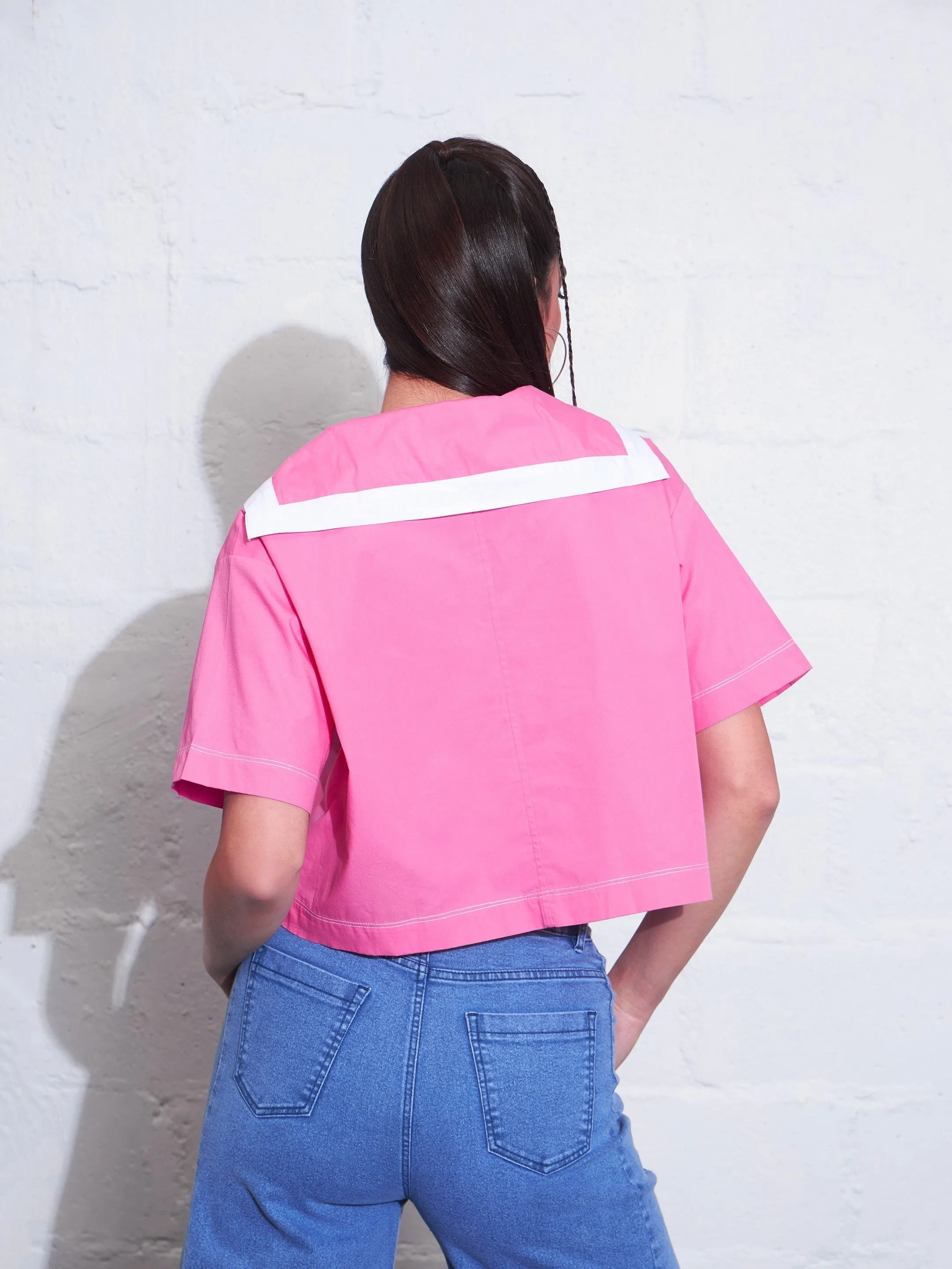 Women Pink Poplin Sailor Collar Crop Top