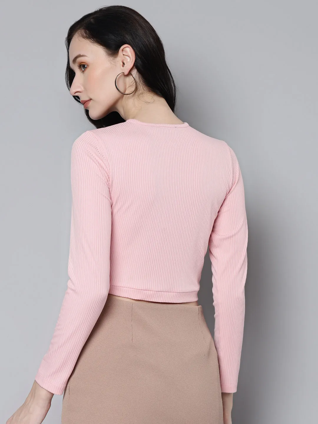 Women Pink Rib Zip Front Full Sleeves Crop Top