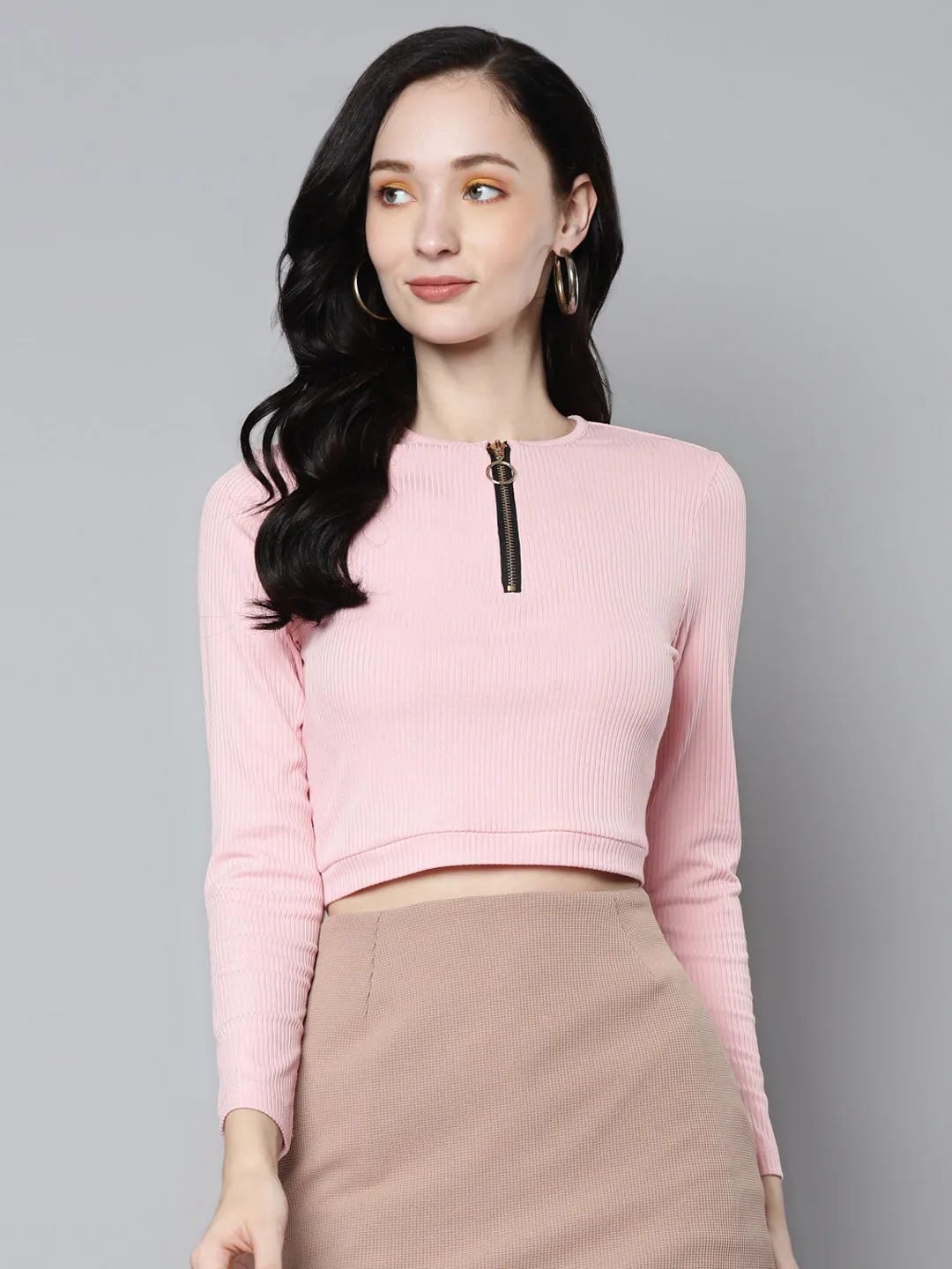 Women Pink Rib Zip Front Full Sleeves Crop Top