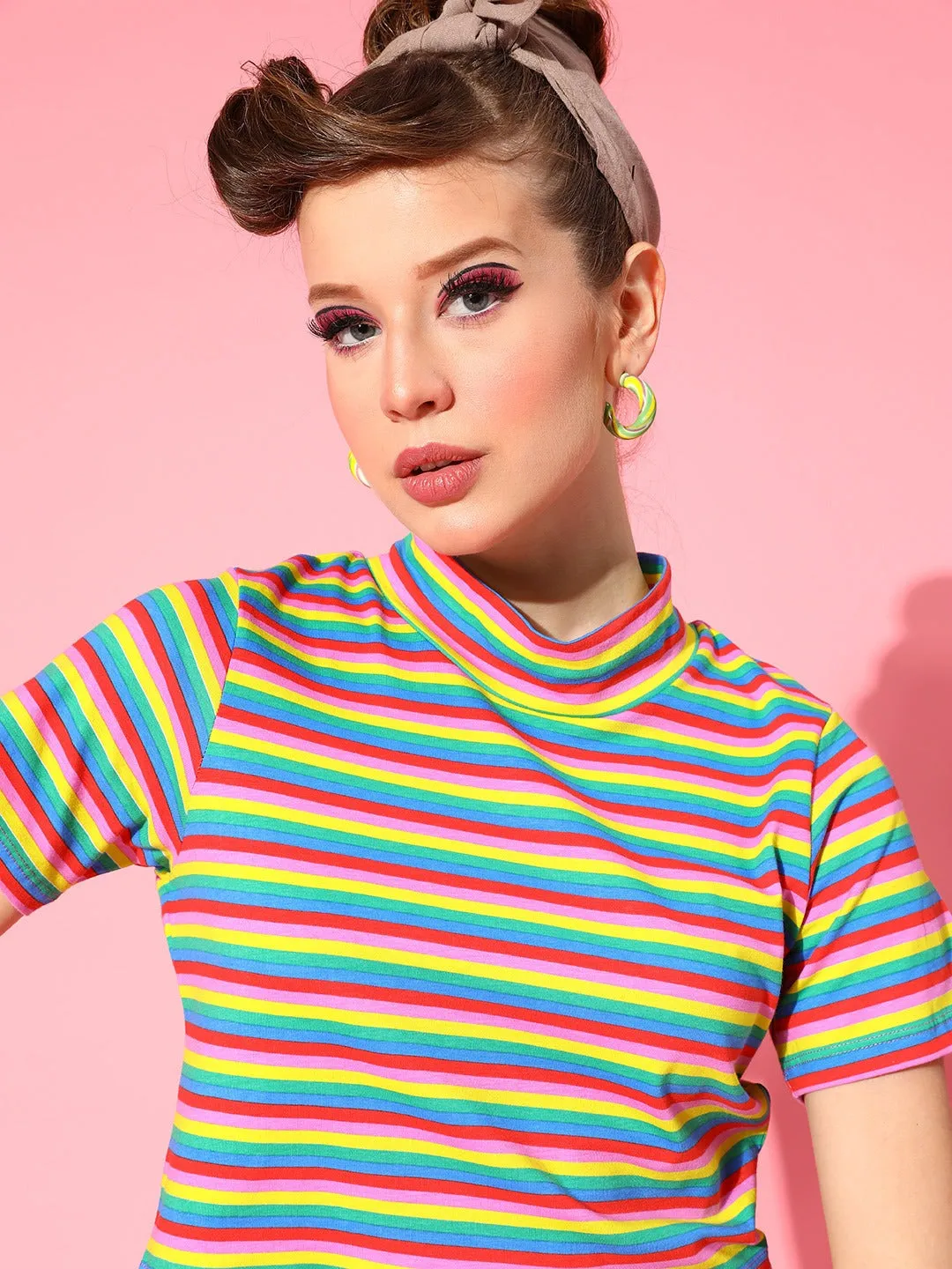 Women Rainbow Stripes High Neck Crop T-Shirt Top