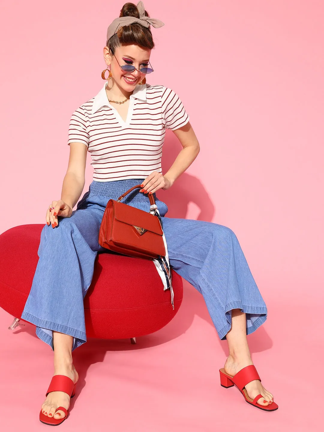 Women Red & White Striped Crop Polo T-Shirt