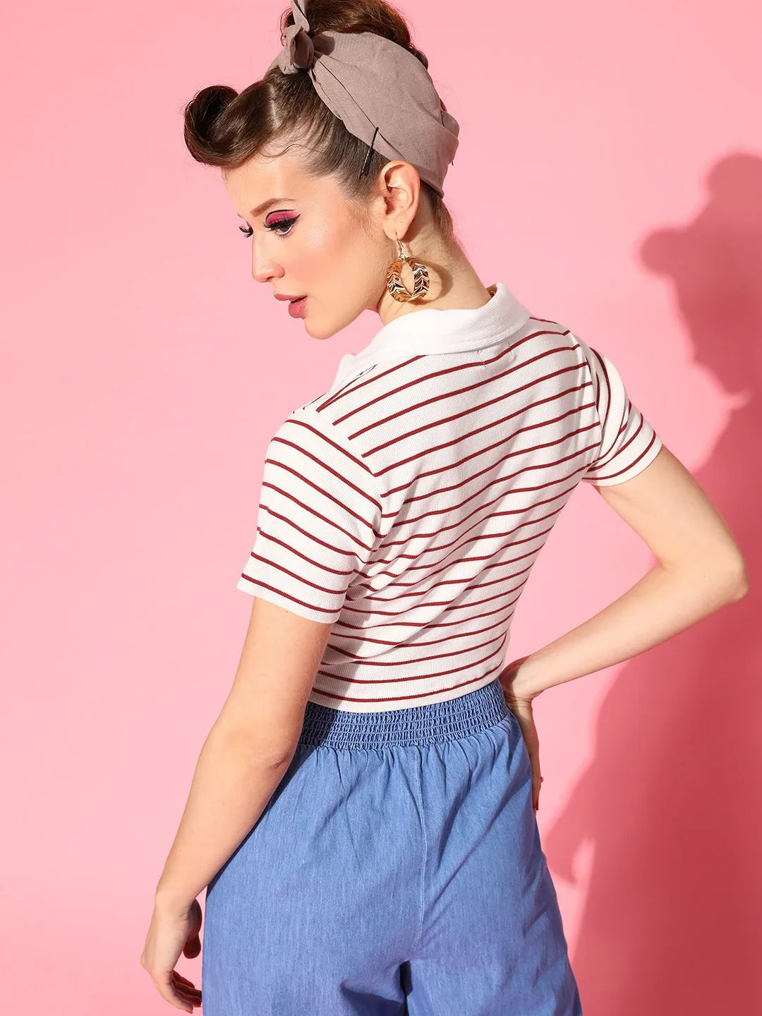 Women Red & White Striped Crop Polo T-Shirt