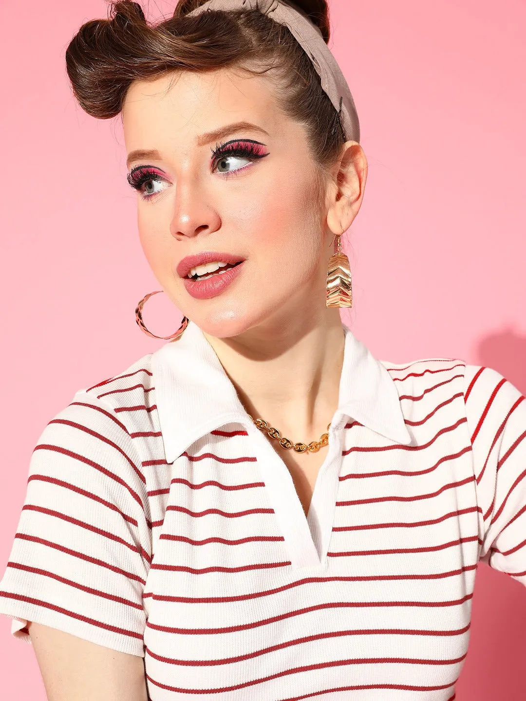 Women Red & White Striped Crop Polo T-Shirt