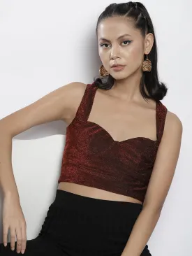 Women Red Lurex Sweetheat Neck Back Cut-Out Crop Top