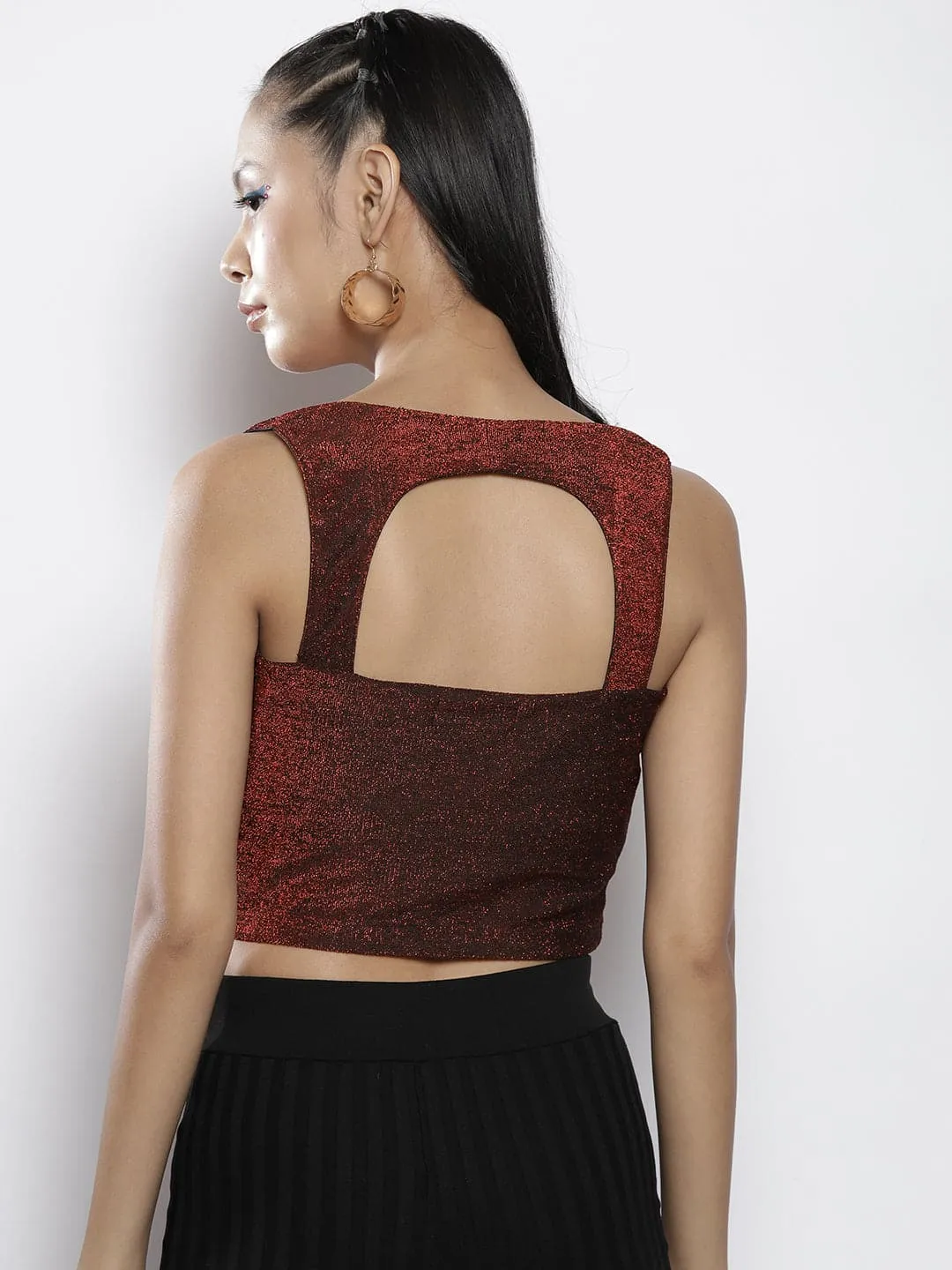 Women Red Lurex Sweetheat Neck Back Cut-Out Crop Top