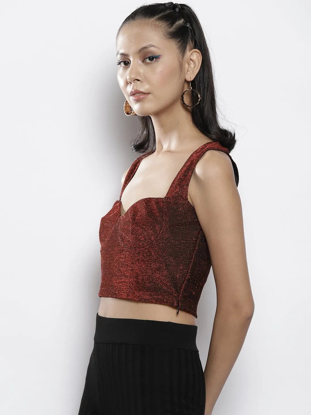 Women Red Lurex Sweetheat Neck Back Cut-Out Crop Top