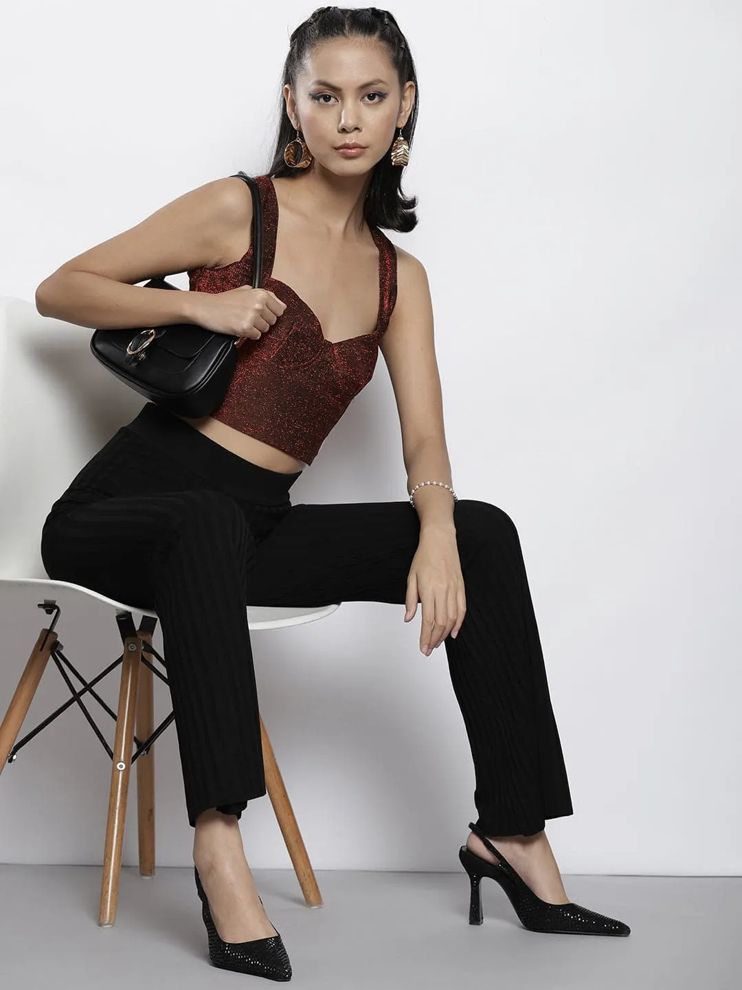 Women Red Lurex Sweetheat Neck Back Cut-Out Crop Top