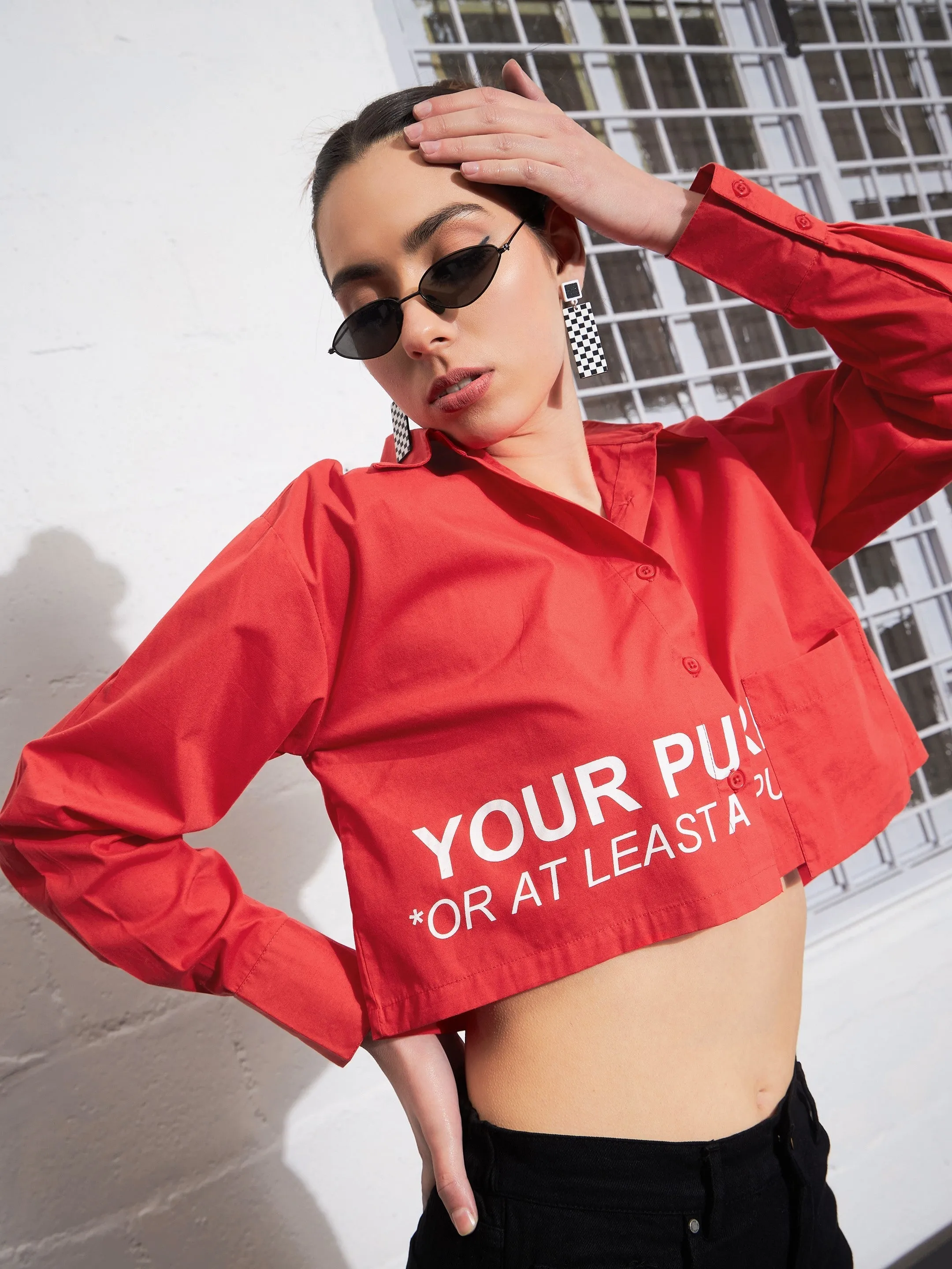 Women Red Poplin Find Your Purpose Crop Shirt