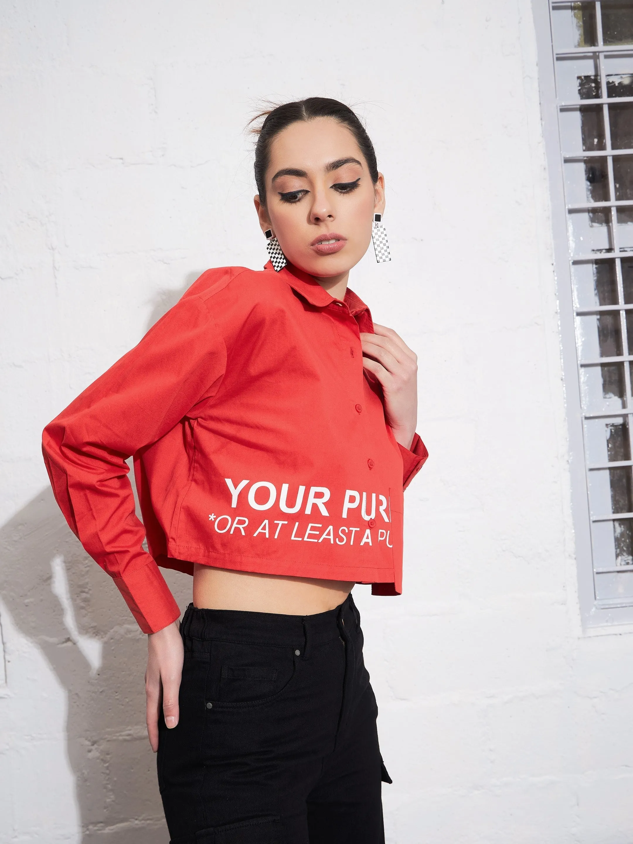 Women Red Poplin Find Your Purpose Crop Shirt