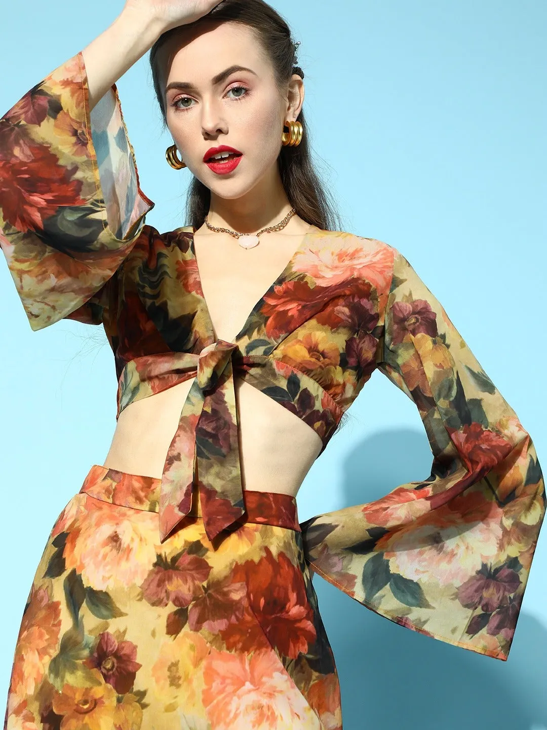 Women Rust Floral Front Tie-Up Crop Top