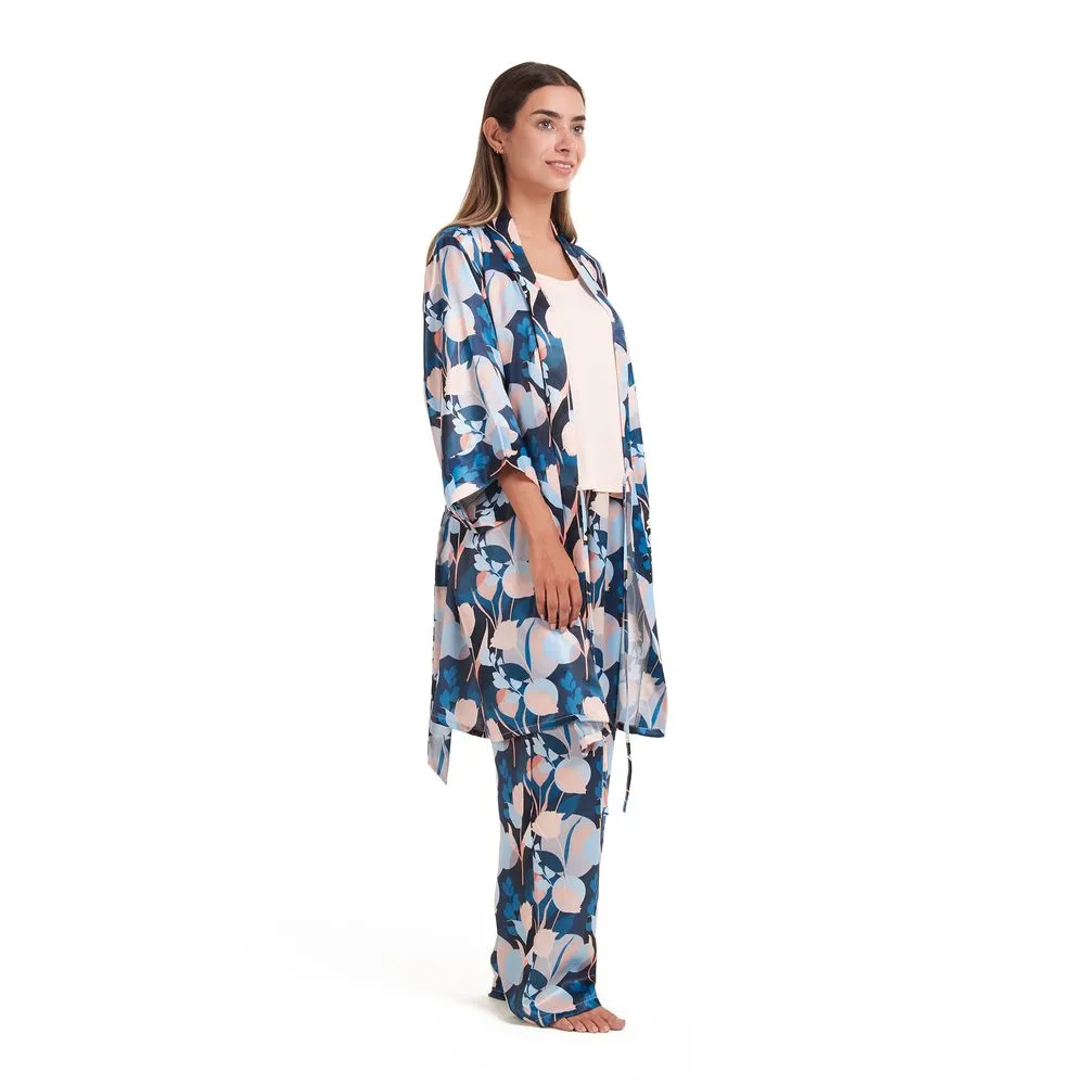 Women satin summer 3 piece pajama set  Cashmere Top   Colorful flowered kimono & Pants