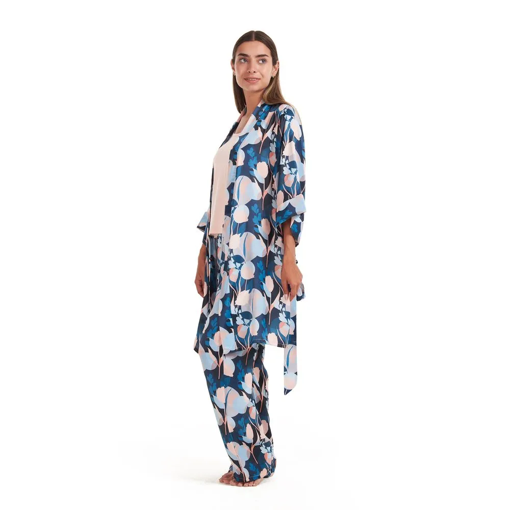 Women satin summer 3 piece pajama set  Cashmere Top   Colorful flowered kimono & Pants