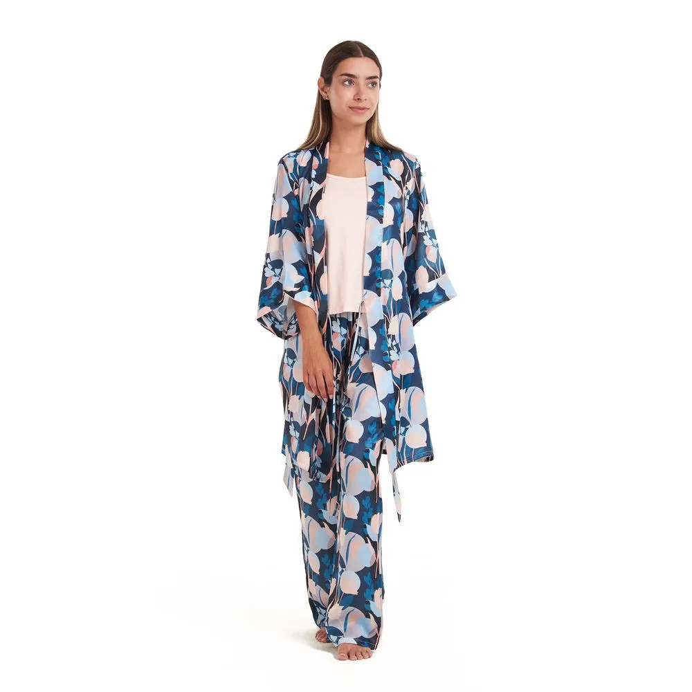 Women satin summer 3 piece pajama set  Cashmere Top   Colorful flowered kimono & Pants