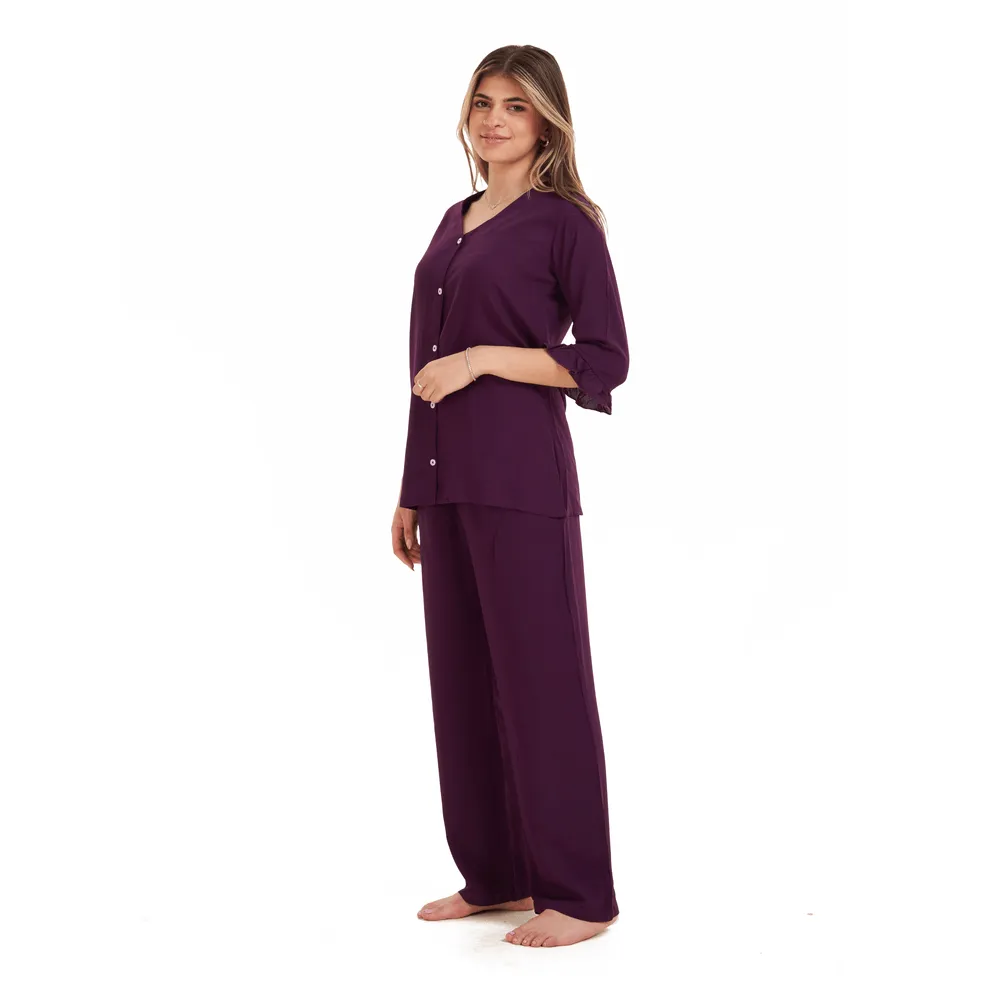 Women summer pajama set  Purple Buttoned Shirt with Ruffled Sleeves shirt   Pants