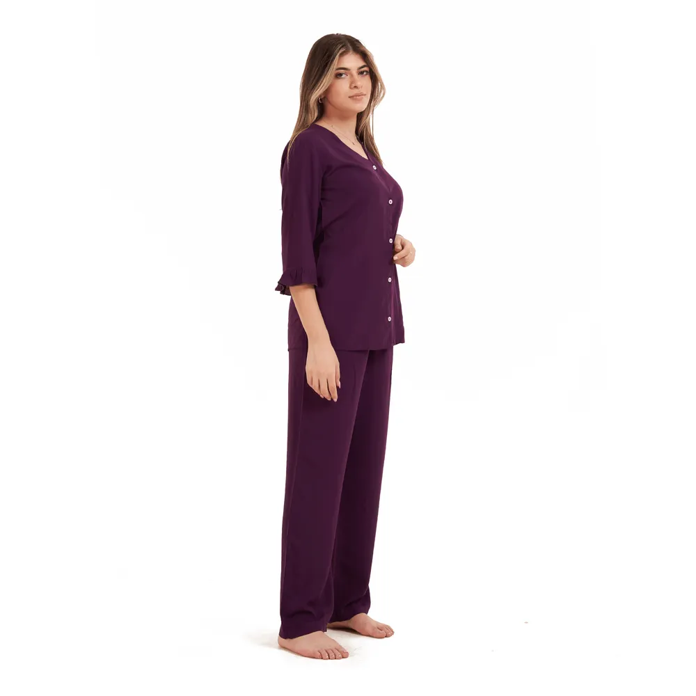 Women summer pajama set  Purple Buttoned Shirt with Ruffled Sleeves shirt   Pants