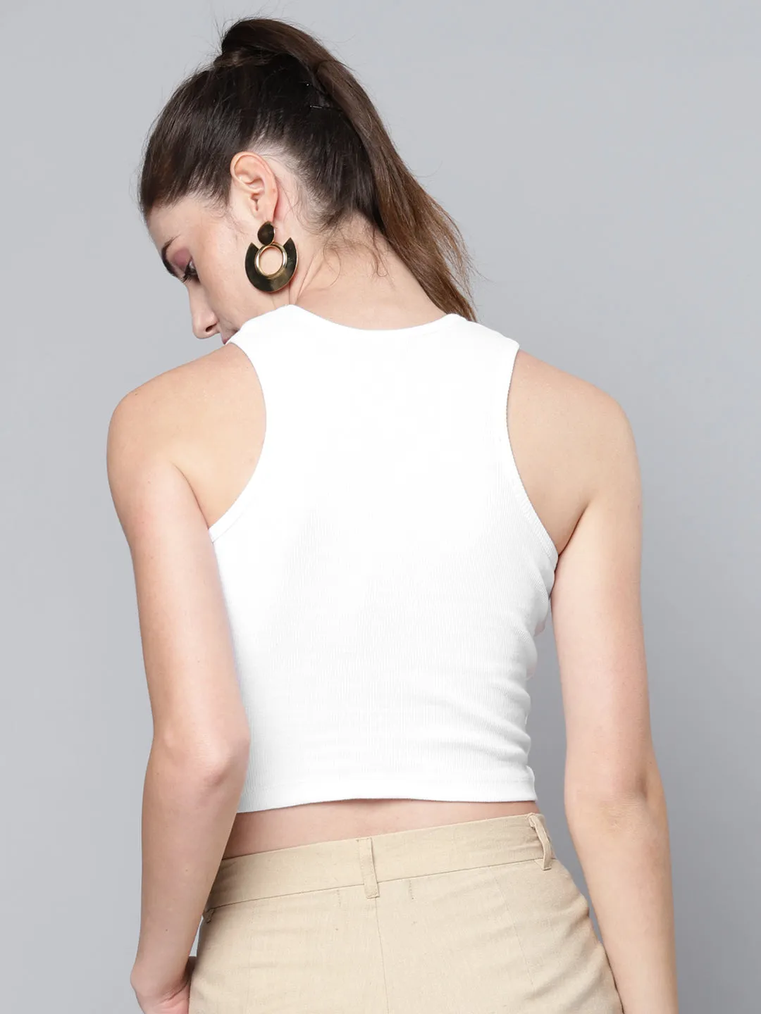 Women White Front Knot Rib Crop Top