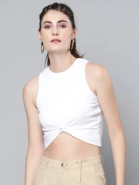 Women White Front Knot Rib Crop Top