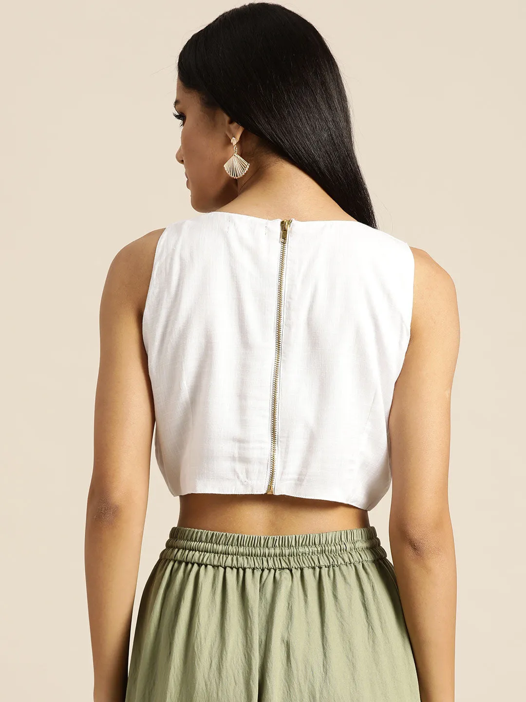 Women White Motif Embrodery Liva Crop Top