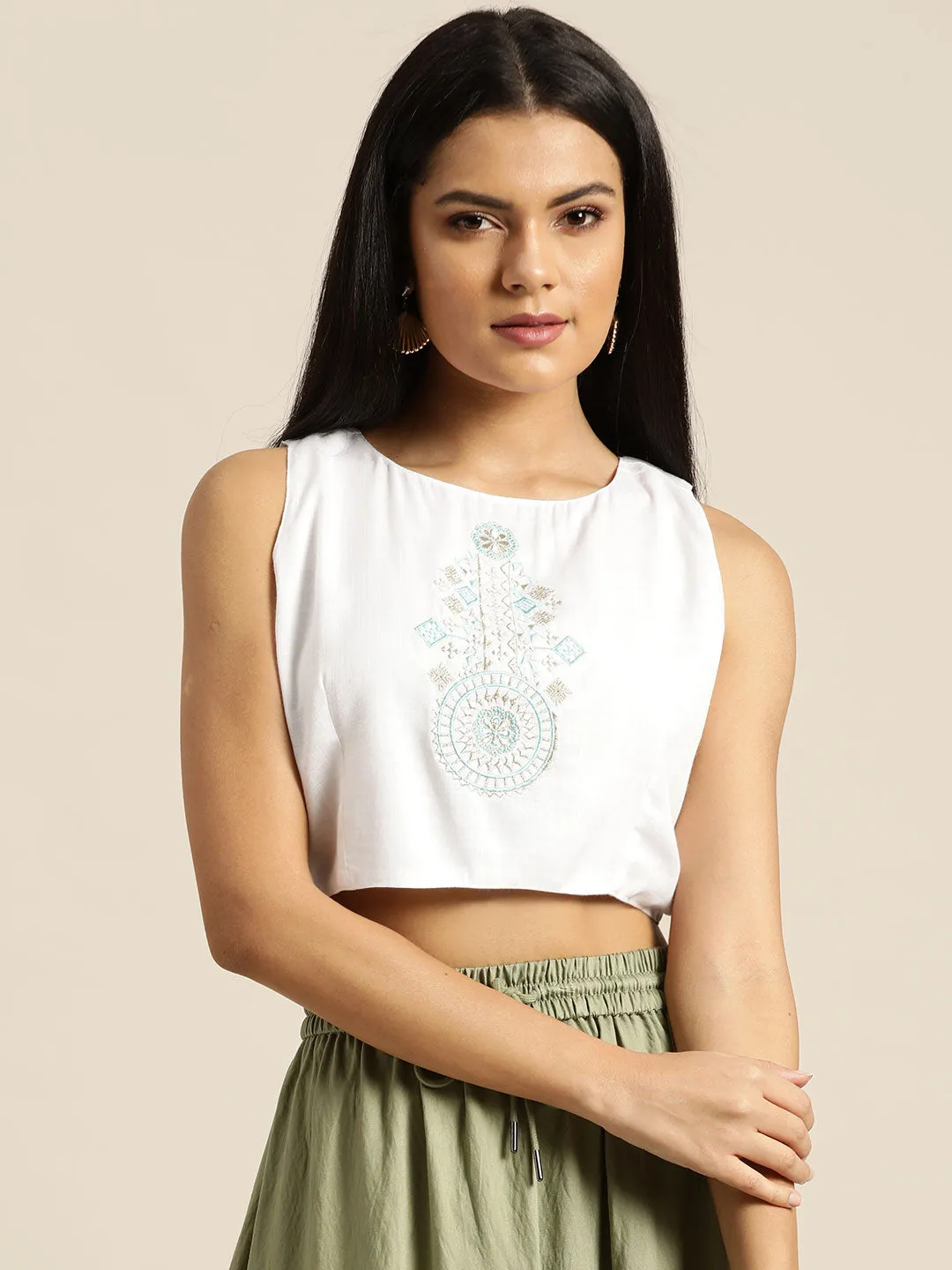 Women White Motif Embrodery Liva Crop Top