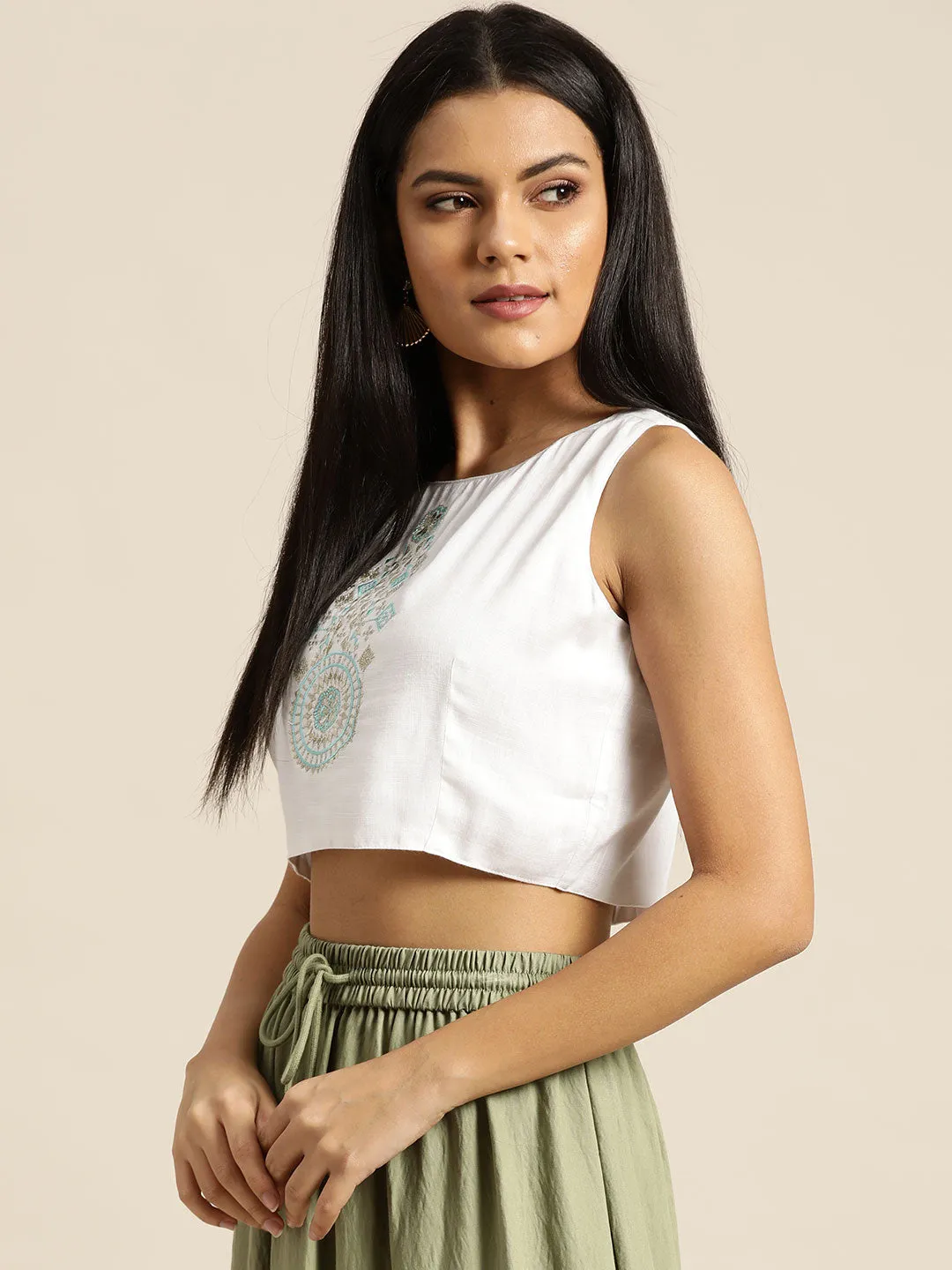 Women White Motif Embrodery Liva Crop Top