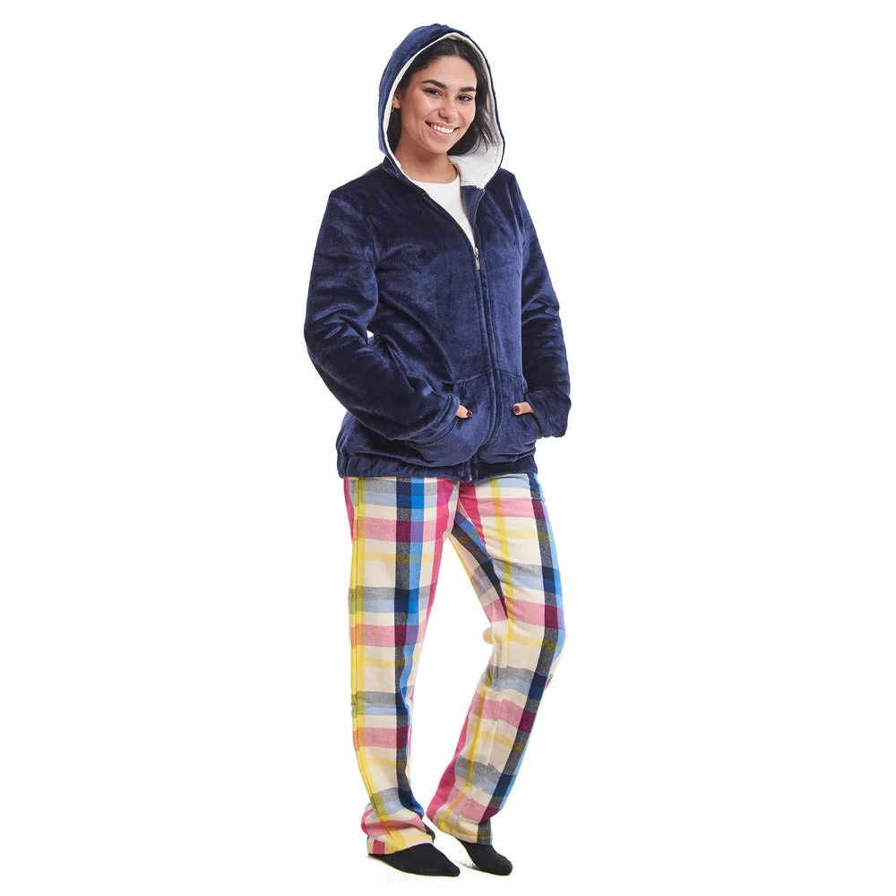 Women Winter Pajama 3 PCS Set Dark Blue Sweatshirt  Off-white top  Dark Blue x Fuchsia Checkered Pants