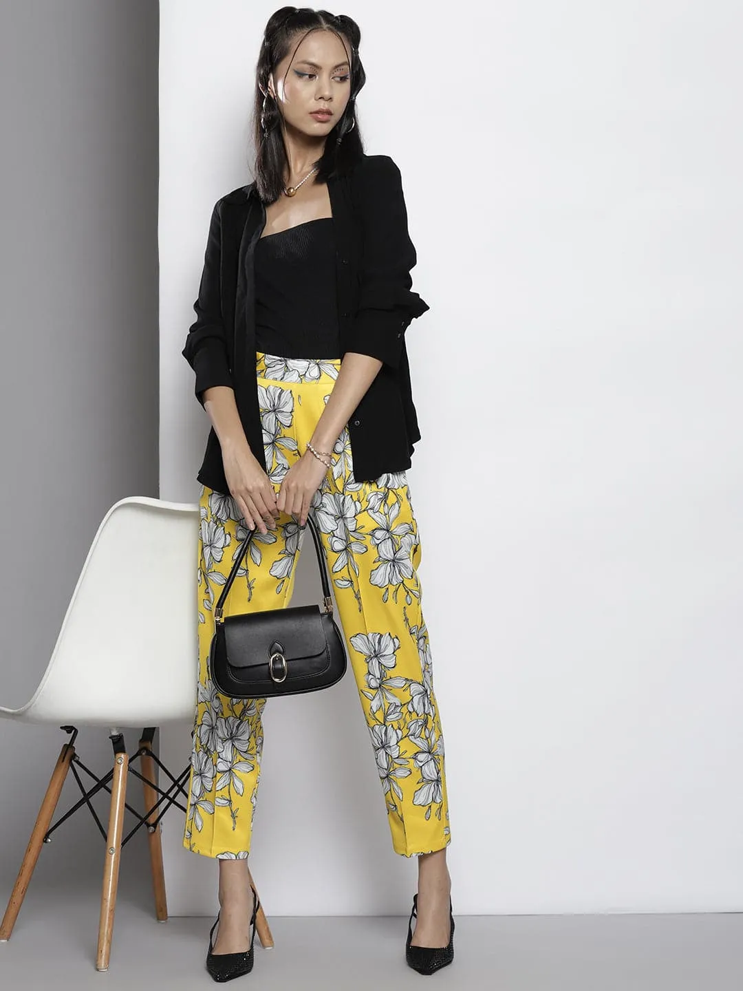 Women Yellow Floral Scuba Straight Pants