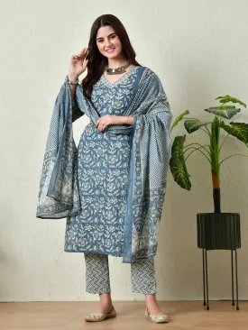 Womens Blue Printed Straight Kurta Pant With Dupatta Set