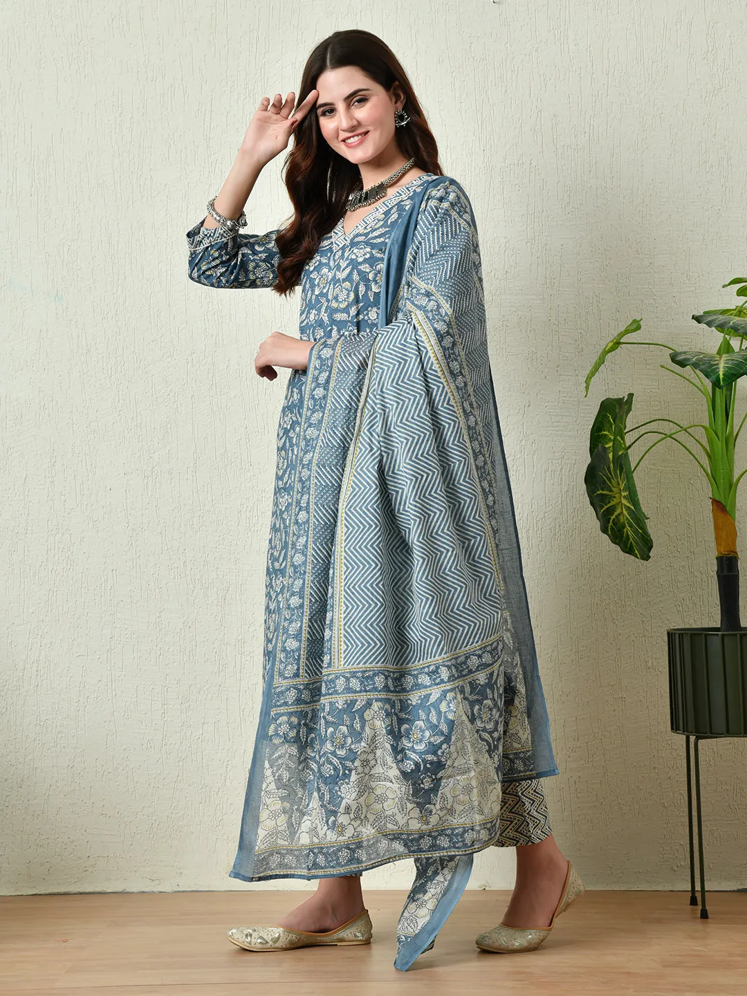 Womens Blue Printed Straight Kurta Pant With Dupatta Set