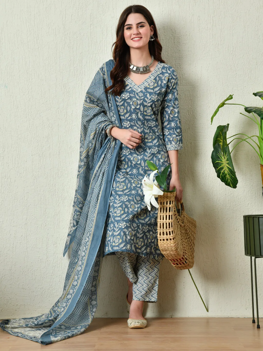 Womens Blue Printed Straight Kurta Pant With Dupatta Set