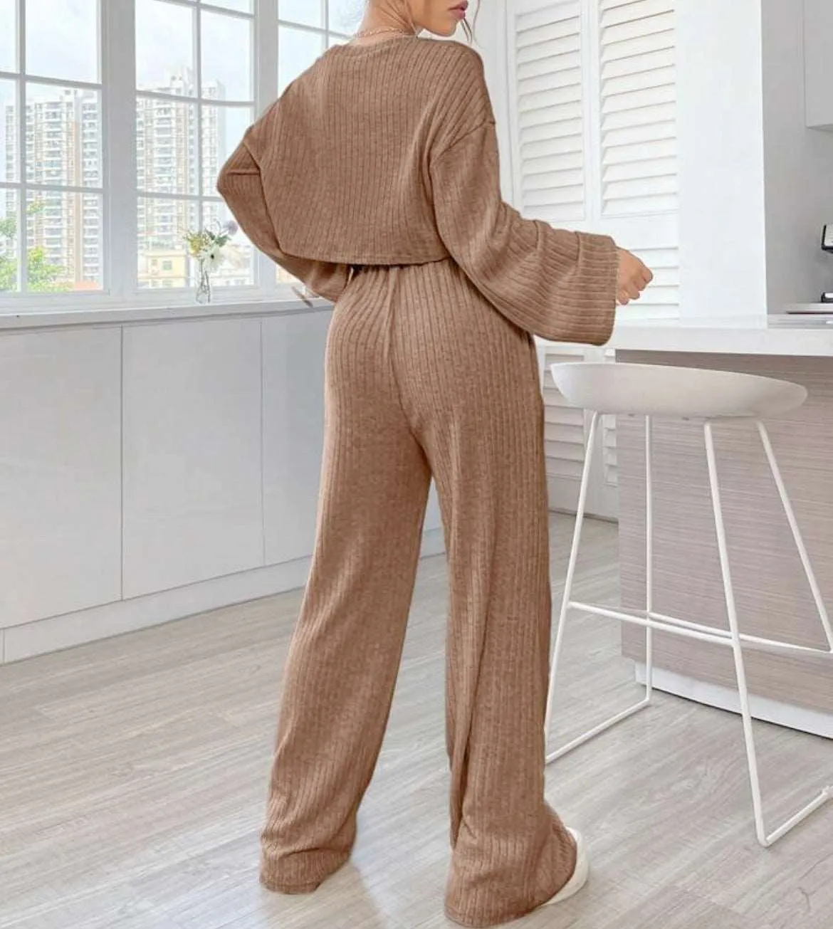 Women's Casual Loungewear Knitted Long Sleeve Top and Pants Outfit Set