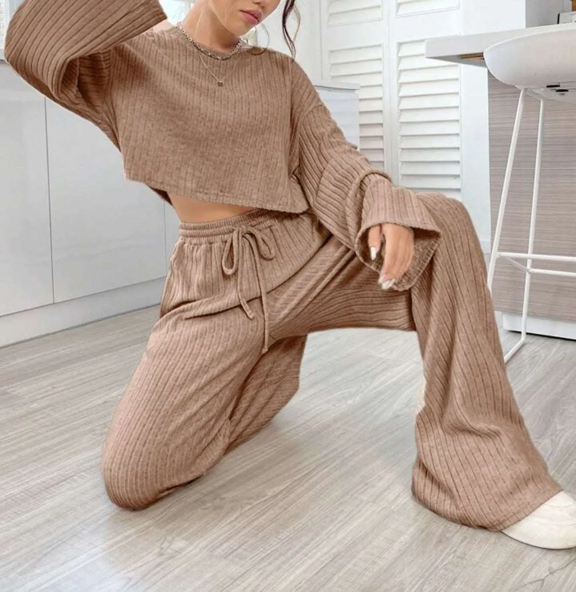 Women's Casual Loungewear Knitted Long Sleeve Top and Pants Outfit Set