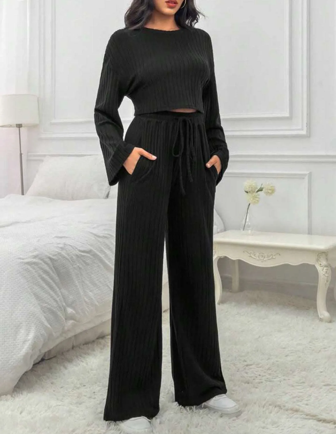 Women's Casual Loungewear Knitted Long Sleeve Top and Pants Outfit Set