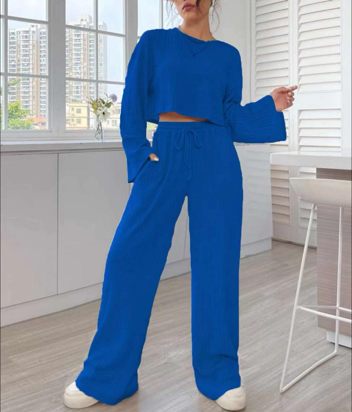 Women's Casual Loungewear Knitted Long Sleeve Top and Pants Outfit Set