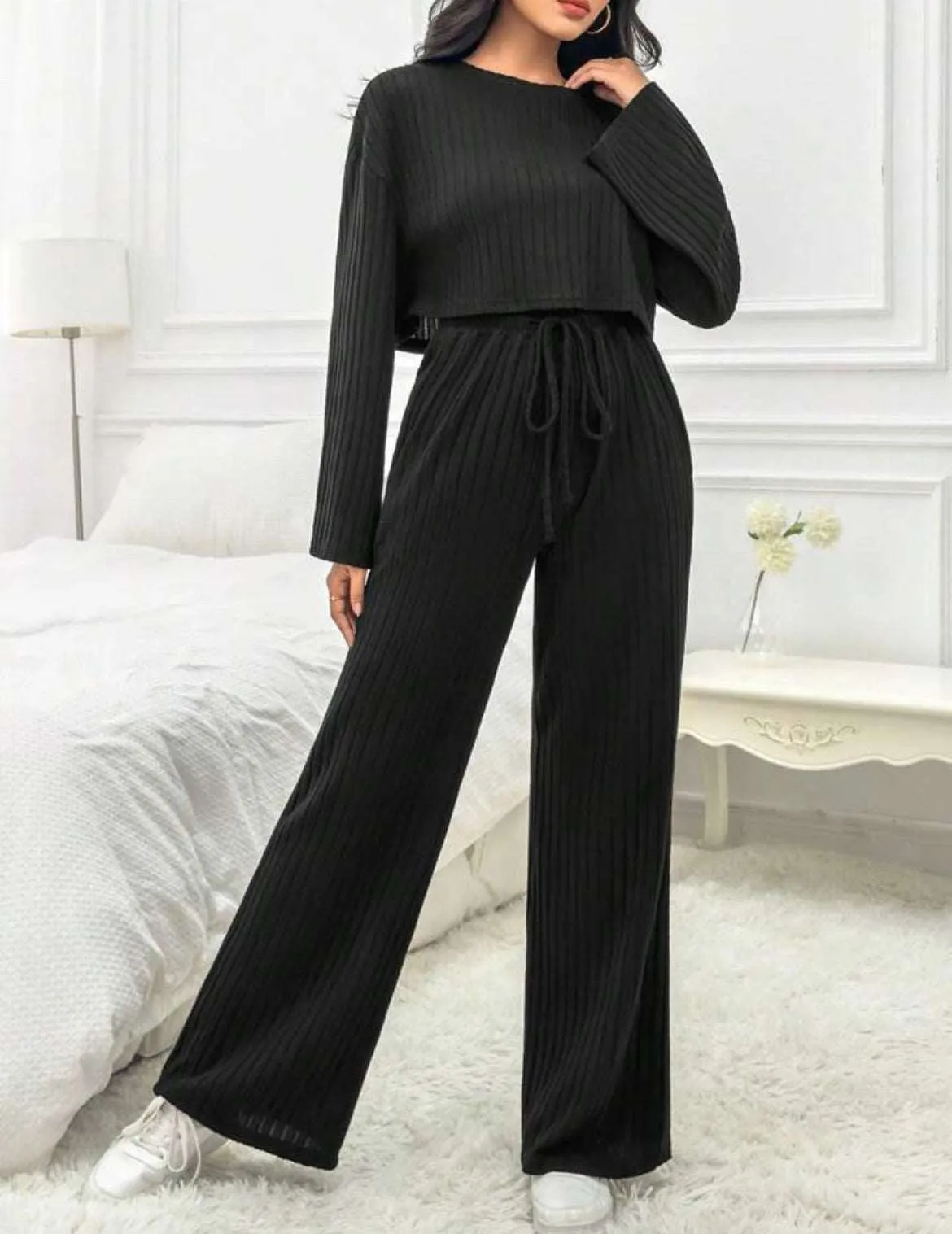 Women's Casual Loungewear Knitted Long Sleeve Top and Pants Outfit Set