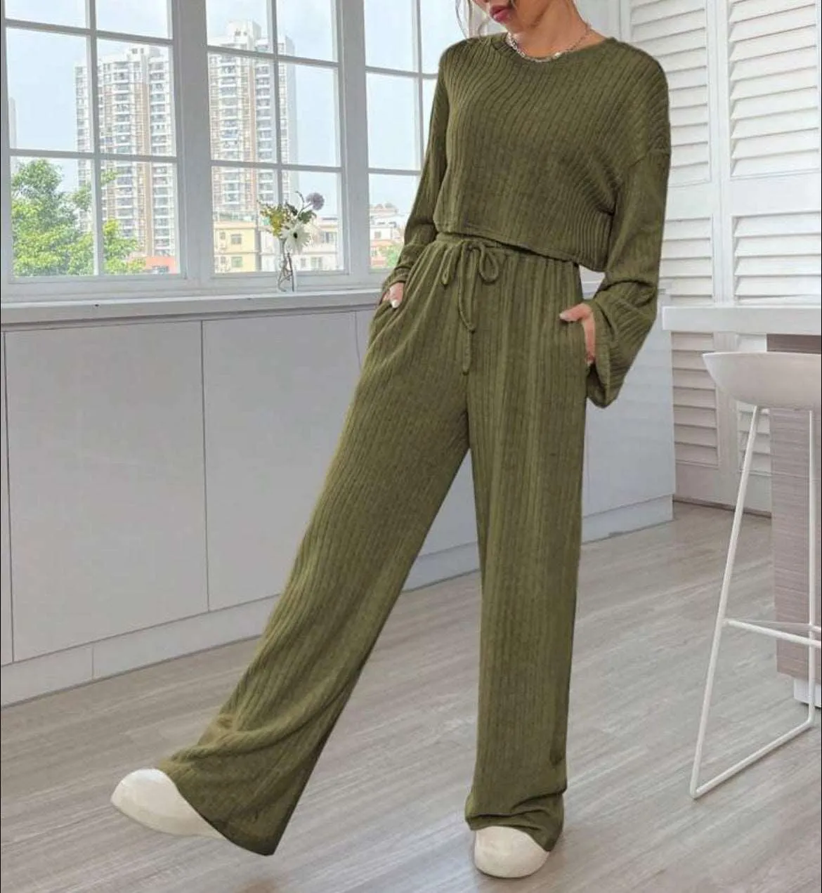 Women's Casual Loungewear Knitted Long Sleeve Top and Pants Outfit Set