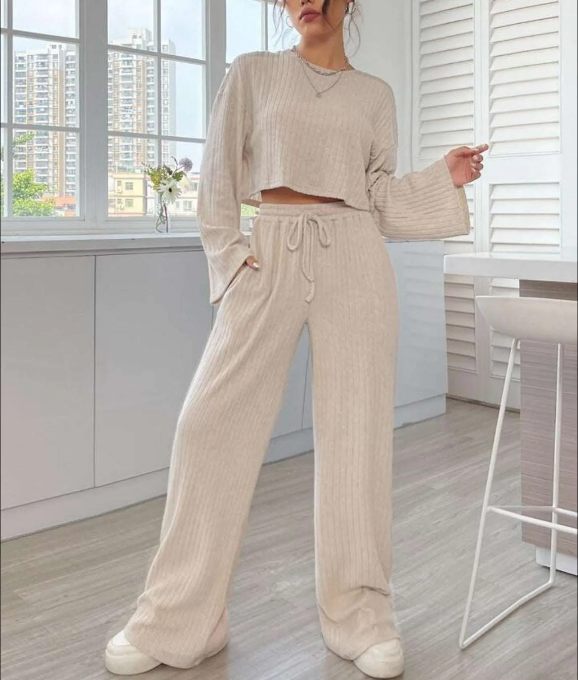 Women's Casual Loungewear Knitted Long Sleeve Top and Pants Outfit Set